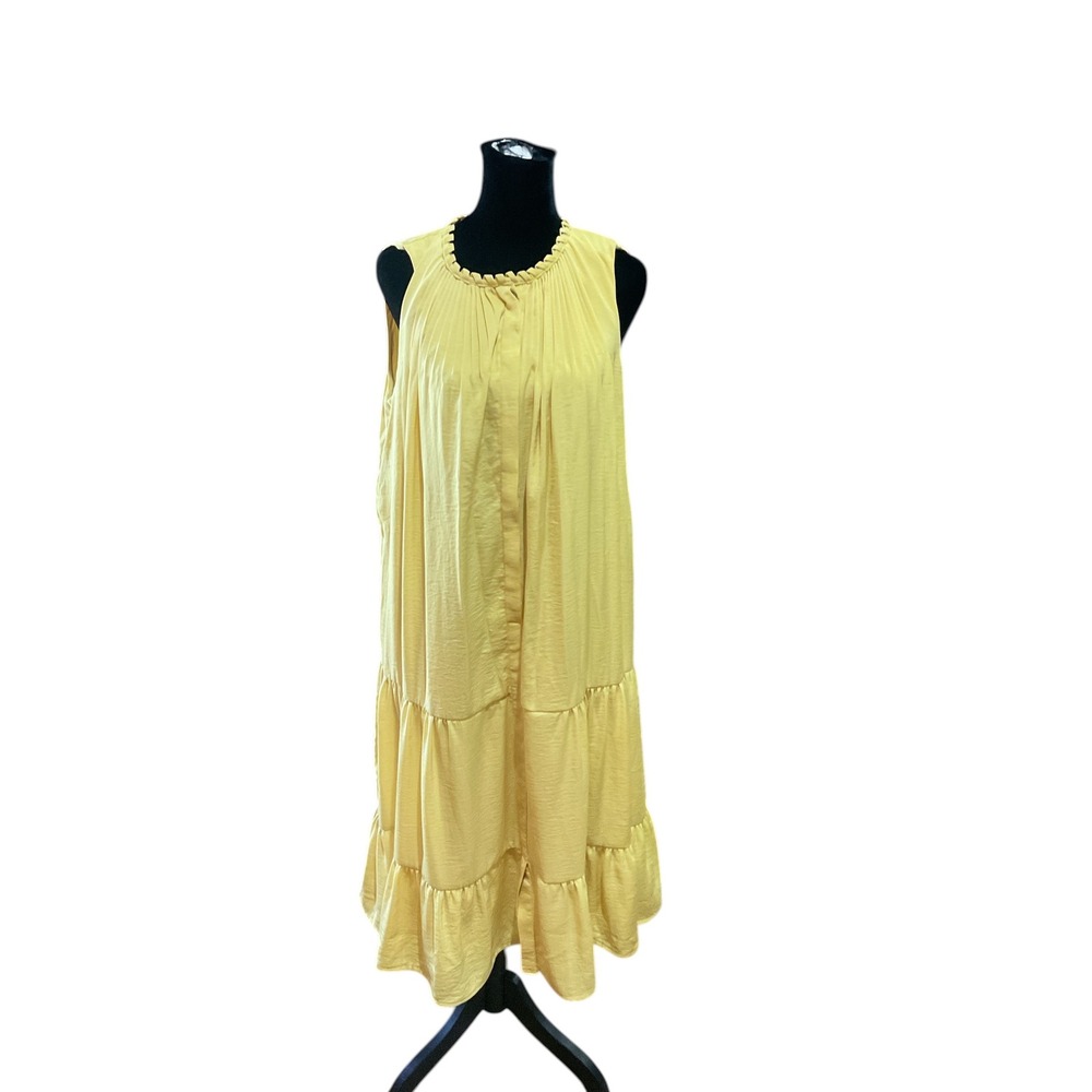Kobi Halperin Yellow Tiered Sleeveless Midi Dress Pleated Ruffle Trim KS3D65 M
